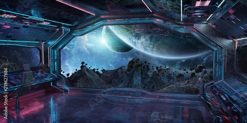 Fototapeta Naklejka Na Ścianę i Meble -  Grunge Spaceship interior with view on planet Earth 3D rendering