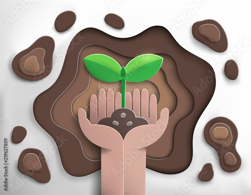 paper cut of hand planting sprout into soil hole,ecology and nature concept,paper art style,vector and illustration 