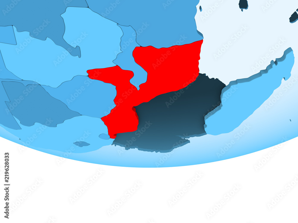 Fototapeta premium Mozambique in red on blue map