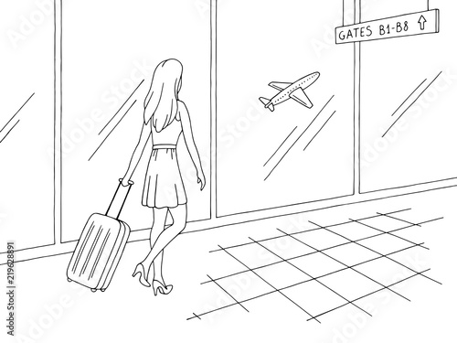 Airport interior graphic black white sketch illustration vector. Woman is walking with a suitcase