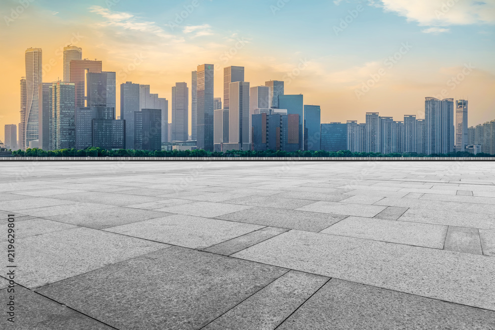 Square floor tiles and Hangzhou skyline Square floor tiles and Hangzhou skyline