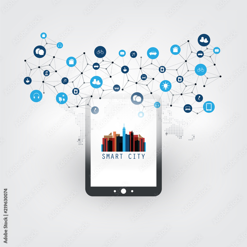Smart City, Internet of Things Design Concept with Tablet PC and Icons - Digital Network Connections, Technology Background Smart City, Internet of Things Design Concept with Tablet PC and Icons - Digital Network Connections, Technology Background