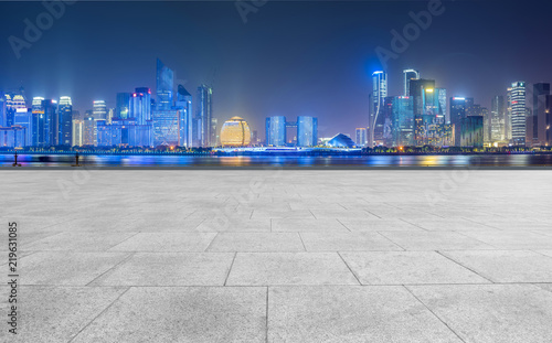Square floor tiles and Hangzhou skyline