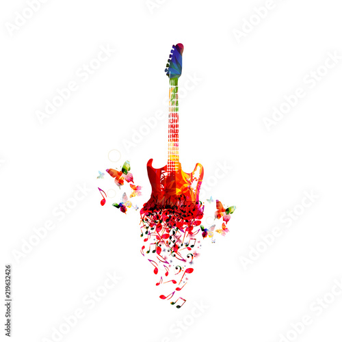  Music colorful background with music notes and guitar vector illustration design. Artistic music festival poster, live concert, creative electric guitar design