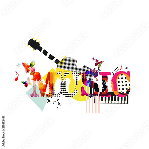  Music typographic colorful background with guitar and piano vector illustration. Artistic music festival poster, live concert, creative banner design. Word music with music instruments