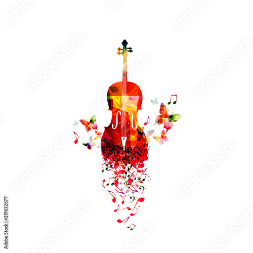  Music colorful background with music notes and violoncello vector illustration design. Artistic music festival poster, live concert, creative cello design