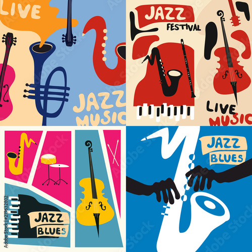  Set of music cards and banners. Music cards with instruments flat vector illustration. Jazz music festival banners. Colorful jazz concert posters