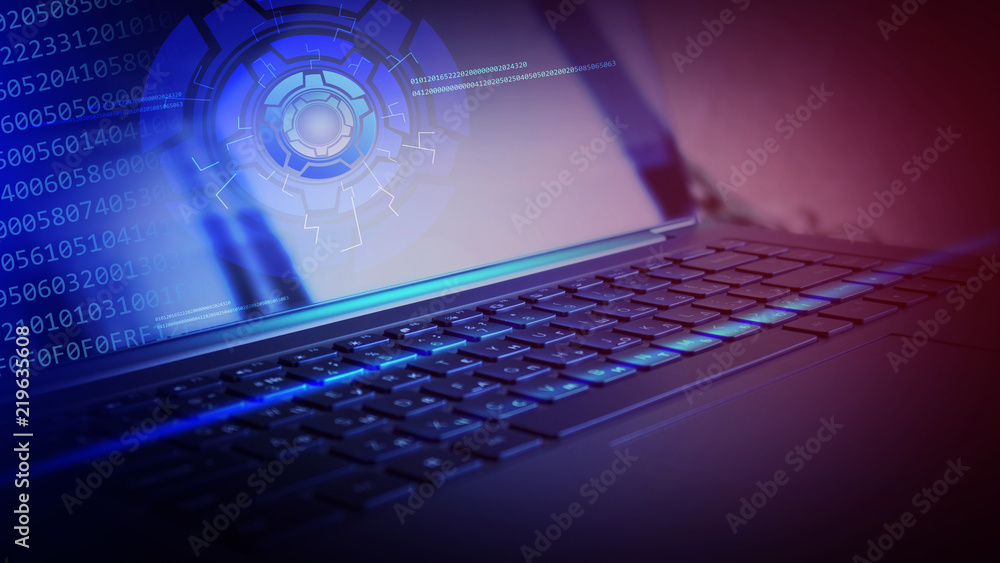 Laptop, keyboard close-up, neon light Laptop, keyboard close-up, neon light