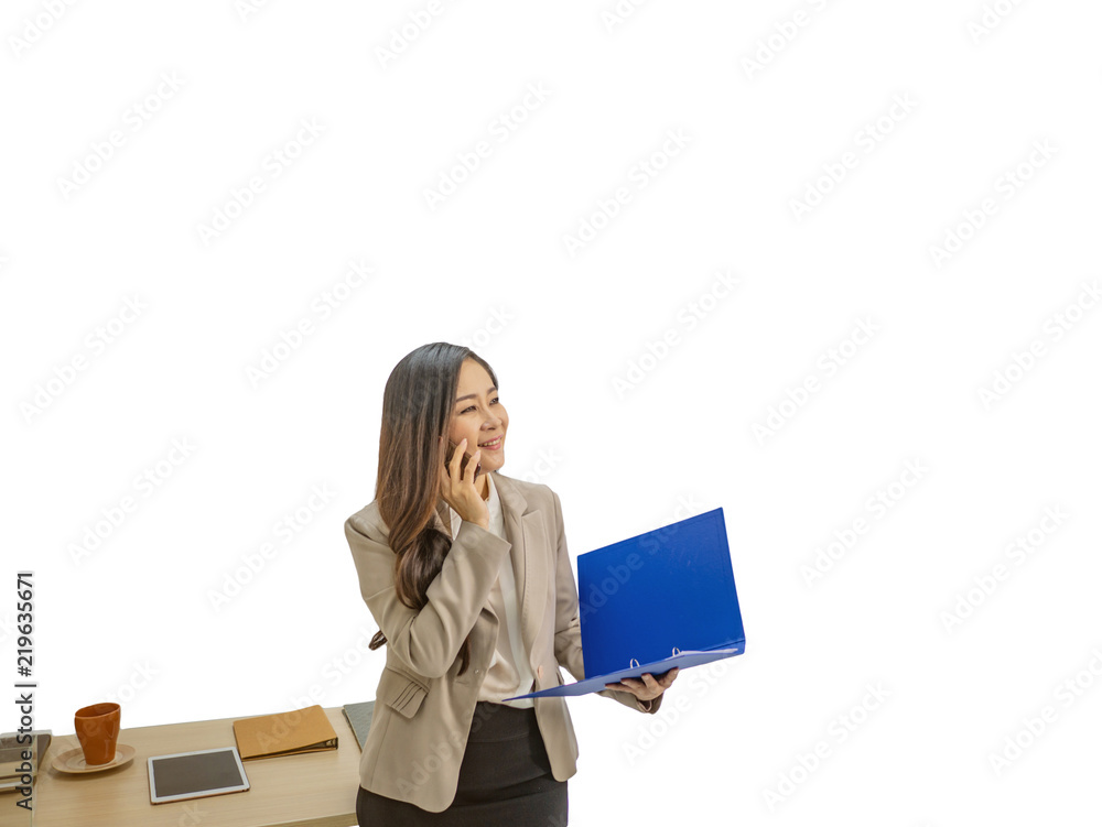Modern business women take Document file while look happy and talking on mobile phone on white background Modern business women take Document file while look happy and talking on mobile phone on white background
