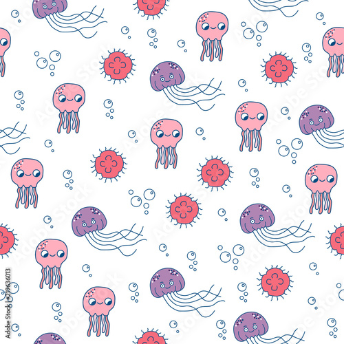 jellyfish seamless pattern. Colorful sea world background.