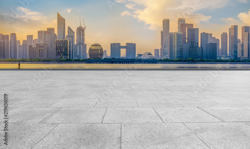 Square floor tiles and Hangzhou skyline