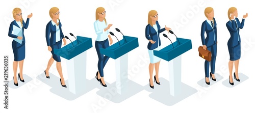 Isometrics are business women, leaders, TV presenters, presidential candidates. 3d young woman, businesswoman, elections, voting
