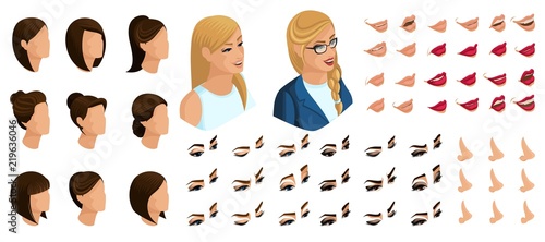 Isometrics create your emotions for a woman president. Sets of 3D hairstyles, faces, eyes, lips, nose, facial expression and emotions to the presidential candidate