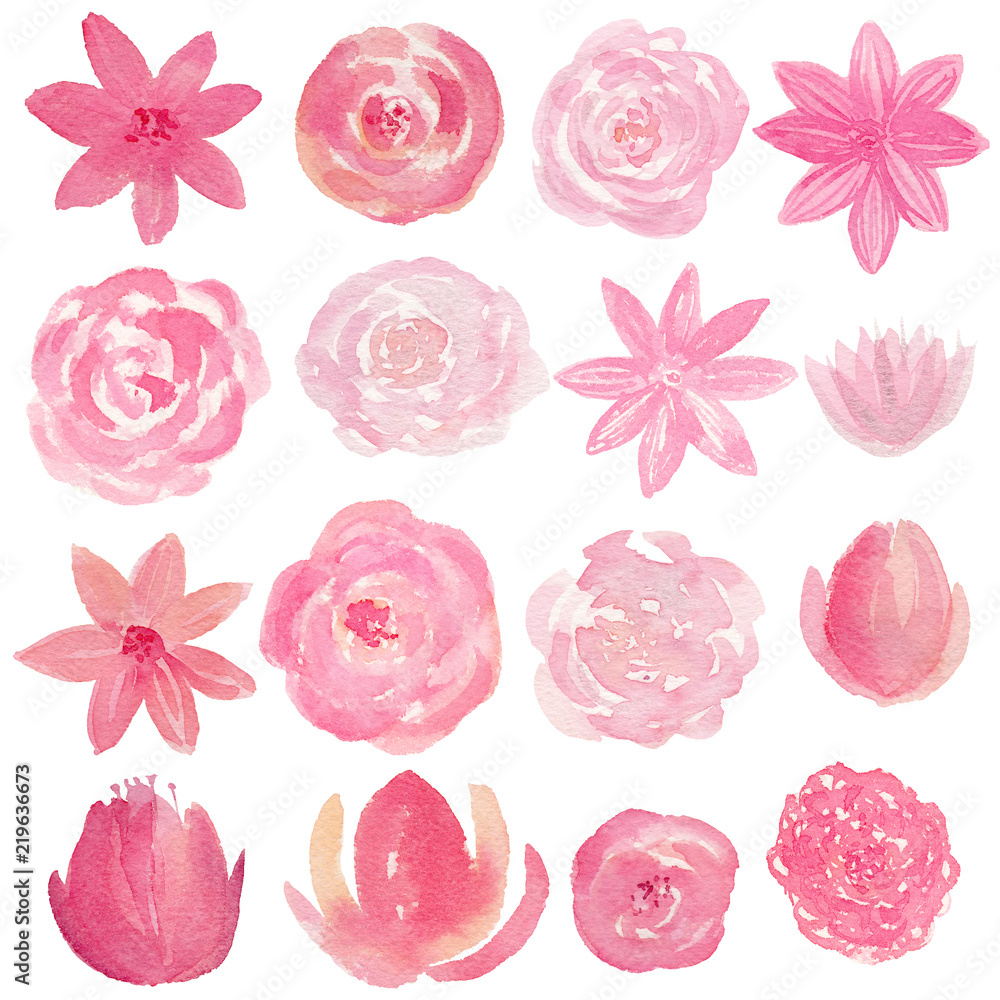 Set of hand painted watercolor flowers in pink color. Isolated clipart for wedding, invitations, blogs, template card.