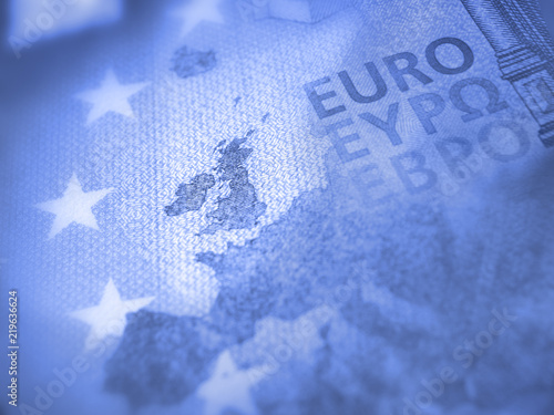 Brexit concept on Euro banknote detail. Shallow focus on europe map and sharp focus on Great Britain