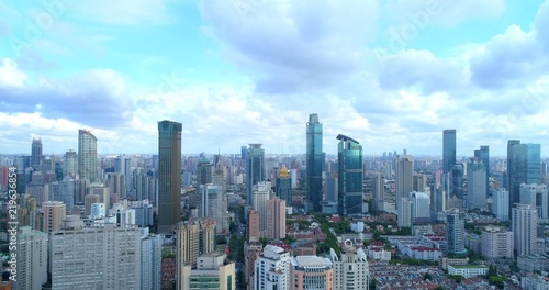 Aerial image showing cityscape of modern megacity with densely populated build environment, dominated by high-rise buildings. 08.19.2018. Shanghai, China.