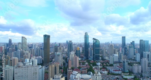 Famous skylines. Aerial image showing cityscape of modern megacity with densely populated build environment, dominated by high-rise buildings. 08.19.2018. Shanghai, China.