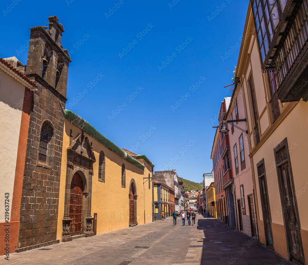 Street view from the old city center, Nuestra Senora De Los Dolores Church , San Cristobal de La Laguna, Tenerife, Canary Islands, Spain - 13.05.2018