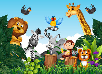 Wandcirkels Cartoons Wilde dieren in tropische jungle  © GraphicsRF