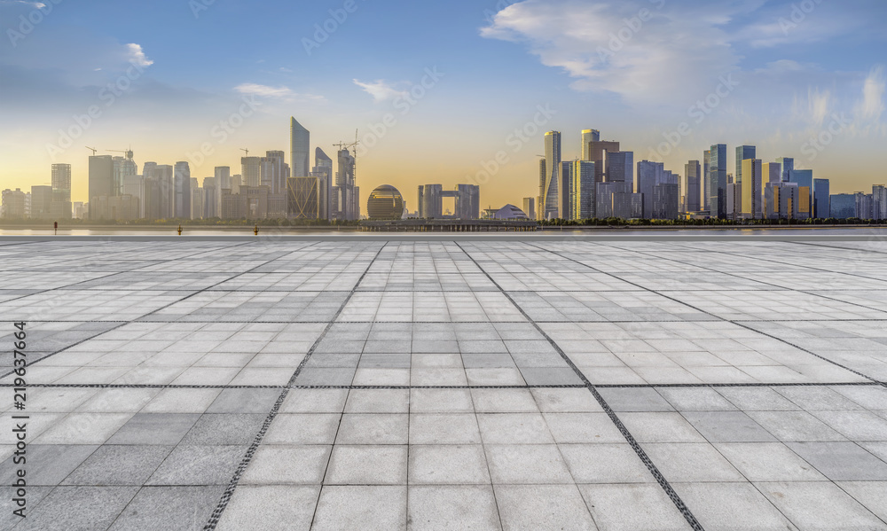 Square floor tiles and Hangzhou skyline