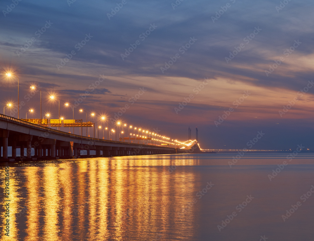 The Penang bridge against the background of colourful dawn