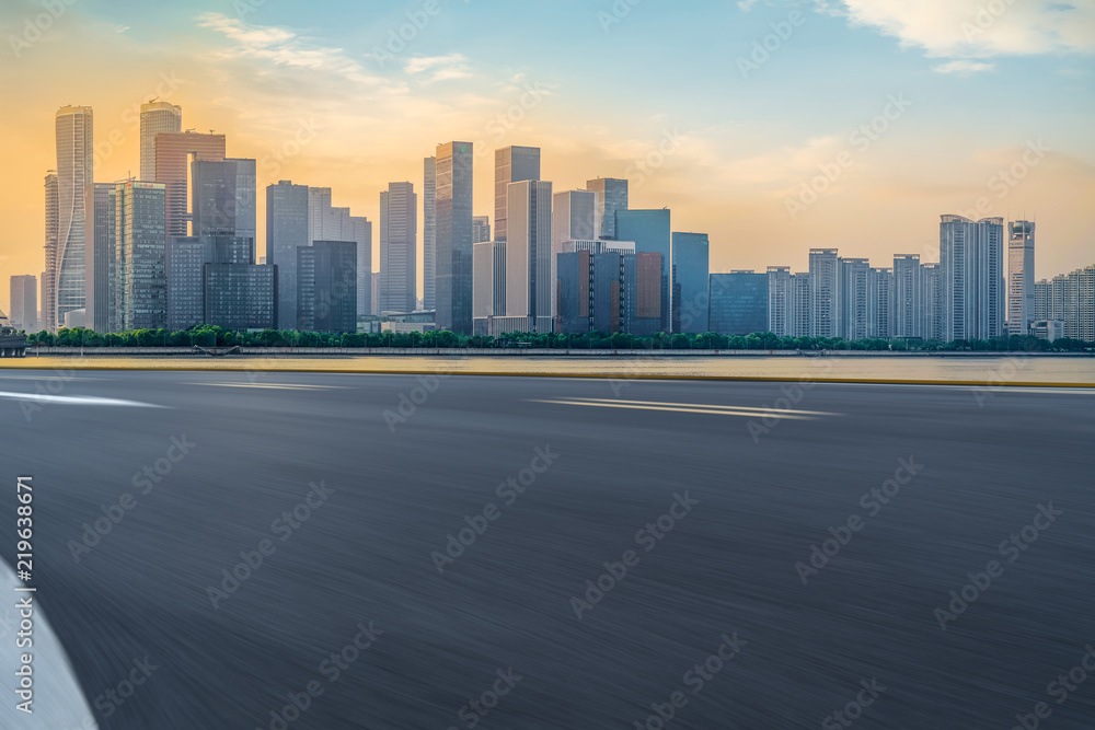 Urban road asphalt pavement and skyline of Hangzhou architectural landscape Urban road asphalt pavement and skyline of Hangzhou architectural landscape