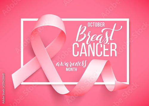 Poster with handdrawn lettering breast cancer. Realistic pink ribbon.