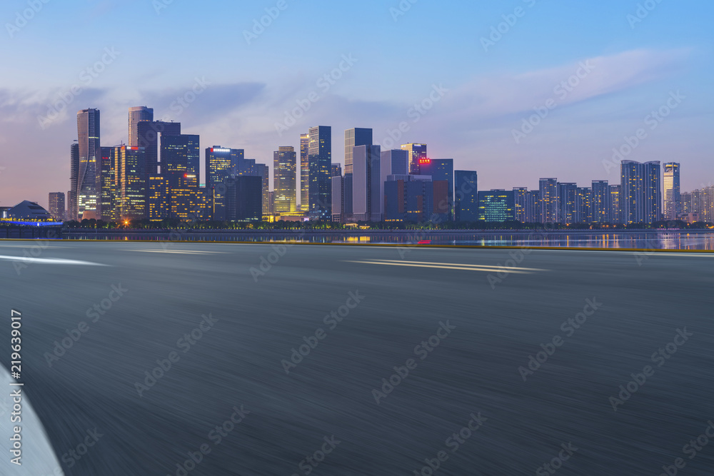 Urban road asphalt pavement and skyline of Hangzhou architectural landscape Urban road asphalt pavement and skyline of Hangzhou architectural landscape