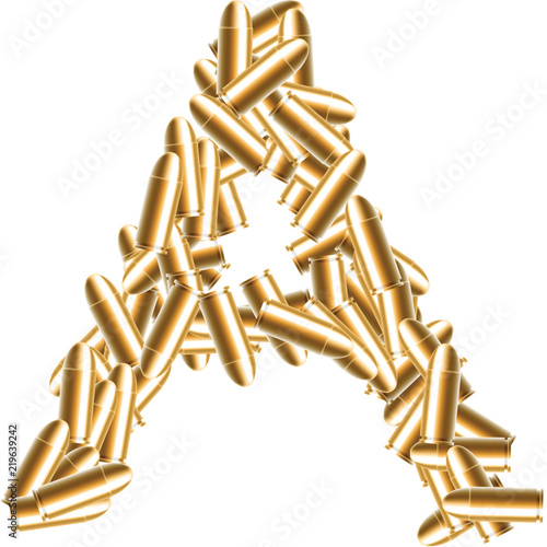 Alphabet bullet set letter A gold color, illustration 3D virtual design isolated on white background