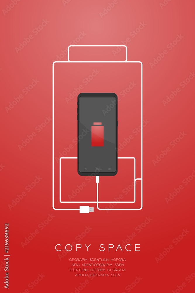 Smartphone black color flat design, low battery icon shape made from usb charger cable illustration isolated on red gradient background, with copy space Smartphone black color flat design, low battery icon shape made from usb charger cable illustration isolated on red gradient background, with copy space
