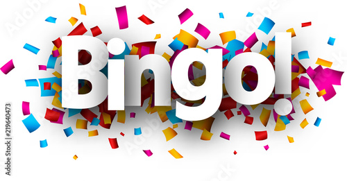 Bingo card with colorful confetti.
