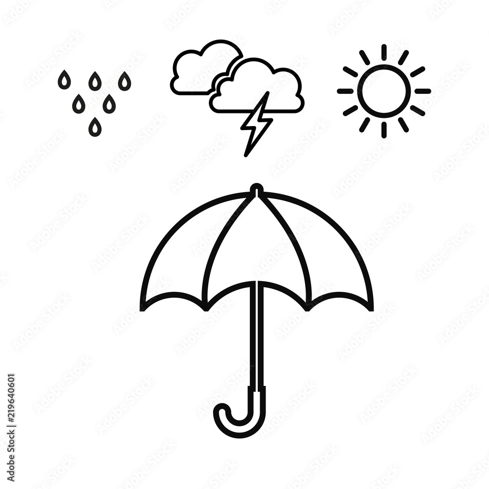 Storm cloud with lightning and rain with sun. Rainy season line icon isolated vector Storm cloud with lightning and rain with sun. Rainy season line icon isolated vector