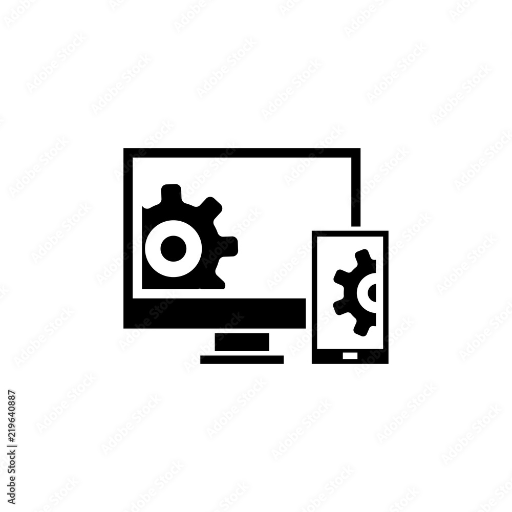 Settings Smartphone and PC, Repair Gear. Flat Vector Icon illustration. Simple black symbol on white background. Settings Smartphone PC, Repair Gear sign design template for web and mobile UI element Settings Smartphone and PC, Repair Gear. Flat Vector Icon illustration. Simple black symbol on white background. Settings Smartphone PC, Repair Gear sign design template for web and mobile UI element