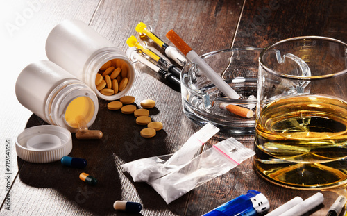 Obraz na plátně Addictive substances, including alcohol, cigarettes and drugs
