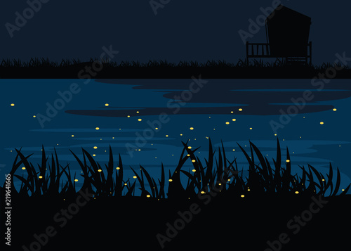firefly in lake at nights backgrounds vector illustration 