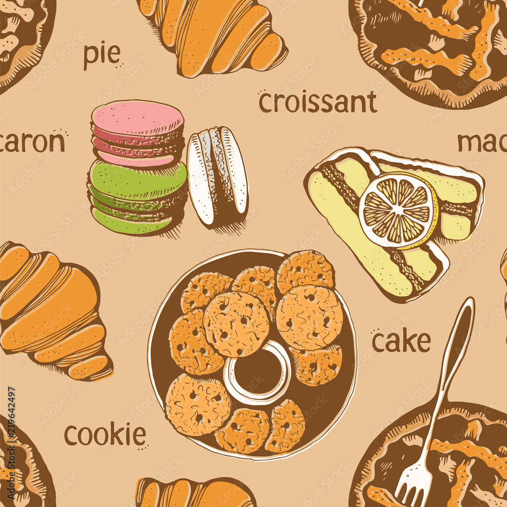 Bakery, sweet pastry vector seamless pattern, hand drawn vector background with text Bakery, sweet pastry vector seamless pattern, hand drawn vector background with text