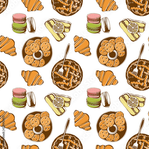 Bakery, sweet pastry vector seamless pattern, hand drawn vector background