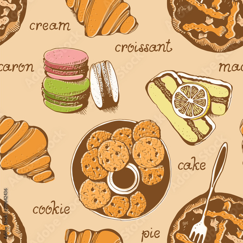 Bakery, sweet pastry vector seamless pattern, hand drawn vector background with text
