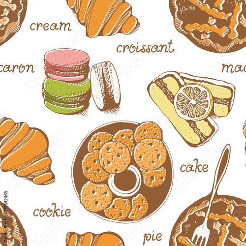 Bakery, sweet pastry vector seamless pattern, hand drawn vector background