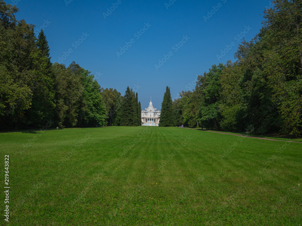 Green lawn. Scenic view of a beautiful English style garden with a large open green grass lawn