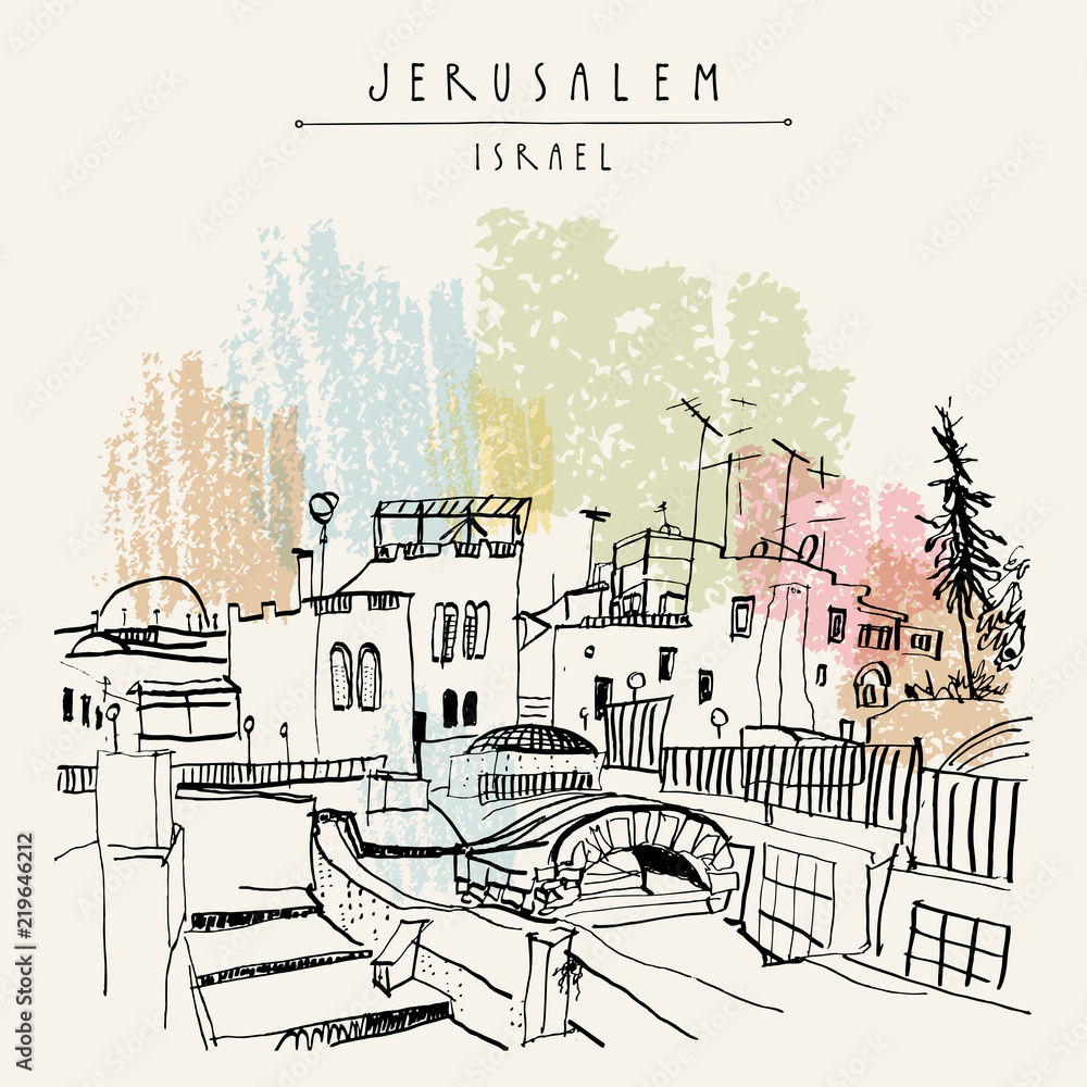 Jerusalem, Israel. Touristic poster. Freehand travel sketch