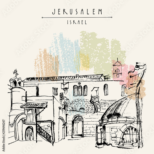 Jerusalem, Israel. Handmade brush ink drawing. Postcard or poster template. Book illustration. Freehand travel sketch photo