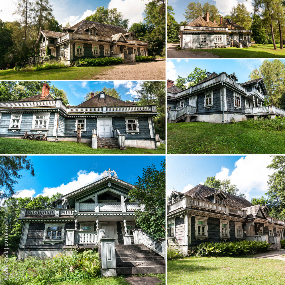 Collage with  Bialowieza Palace Park. Old wooden, historic hunters manor house. Oldest building in Bialowieza