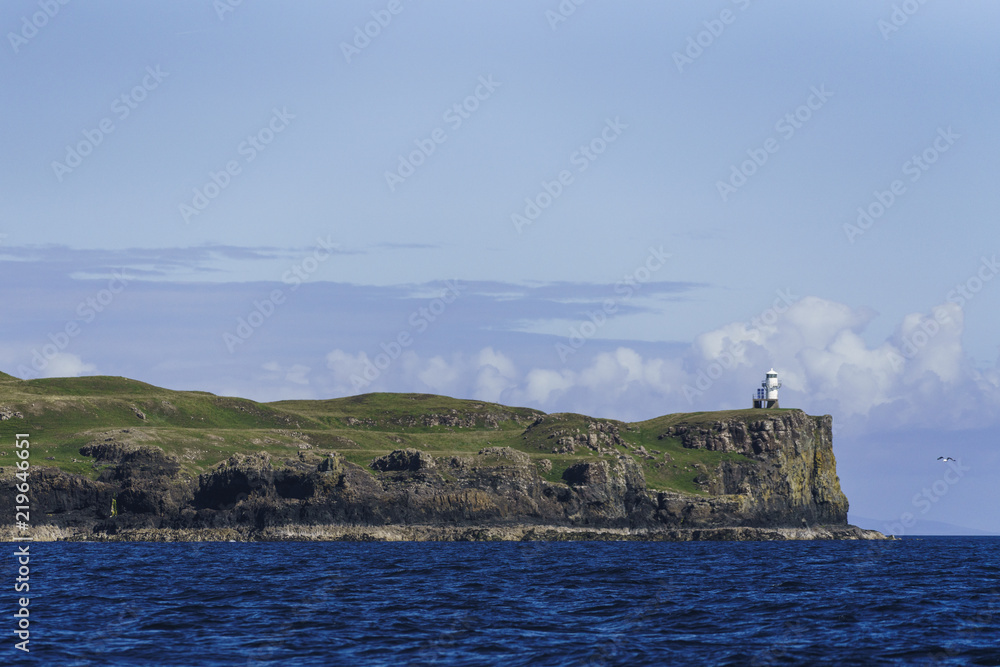 A small lighthouse on the island of Canna, the westernmost of the Small Isles archipelago, in the Scottish Inner Hebrides.