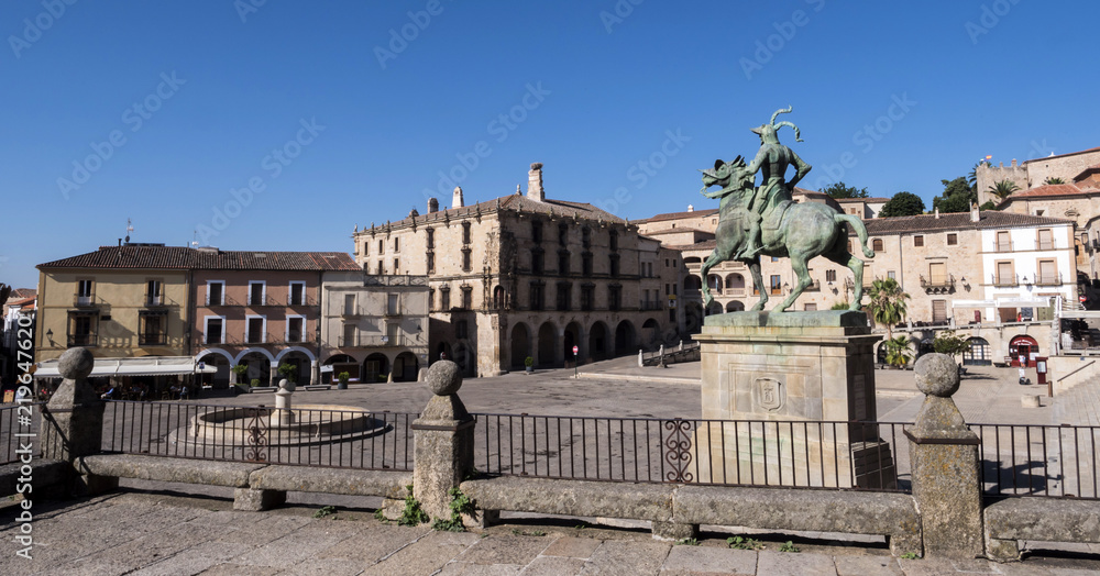 Equestrian statue of the conquistador Francisco Pizarro, the work of the American sculptor Charles Cary Rumsey, located on a granite pedestal in the main square of the city, Trujillo, Spain
