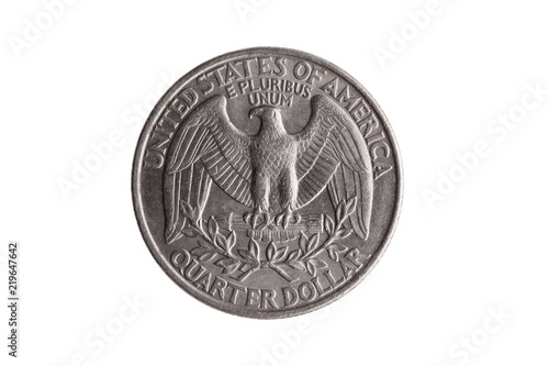 USA quarter dollar nickel coin (25 cents) reverse with a Bald Eagle with wings spread cut out and isolated on a white background photo