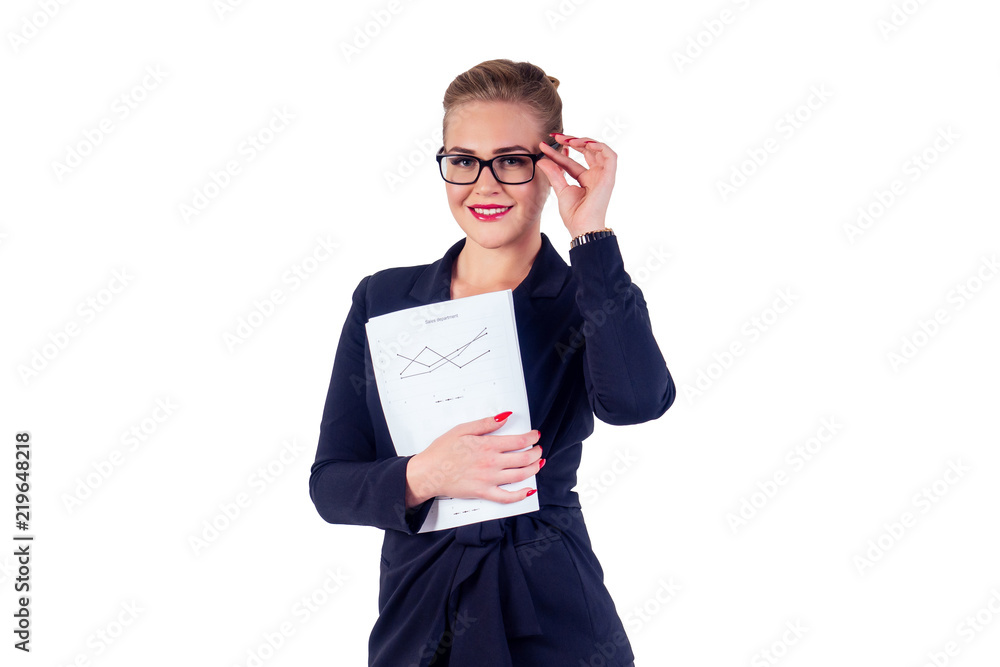 portrait of successful and beautiful business woman with glasses blonde hairstyle perfect make-up red lips in stylish black suit with wristwatch holding papers graphs studio white background isolate portrait of successful and beautiful business woman with glasses blonde hairstyle perfect make-up red lips in stylish black suit with wristwatch holding papers graphs studio white background isolate