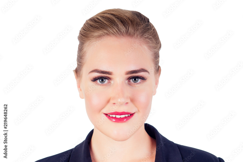 portrait of successful business clever woman blonde hairstyle perfect make-up red lips in stylish black suit smile in studio shot white isolate. portrait of successful business clever woman blonde hairstyle perfect make-up red lips in stylish black suit smile in studio shot white isolate.