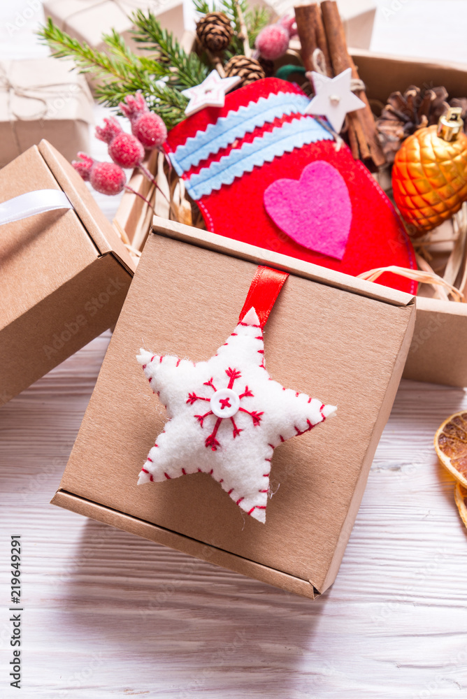 Handmade decor with cardboard box, Christmas concept Handmade decor with cardboard box, Christmas concept