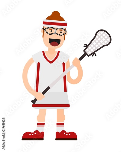 Flat color image of a player in lacrosse with a stick on a white background. Vector illustration